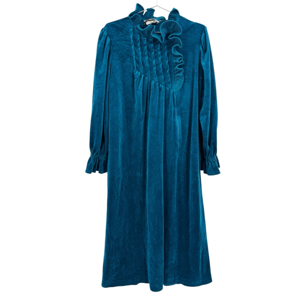 Vintage 80s Turquoise Velour Robe Ruffles Full Length Made in USA Size Large